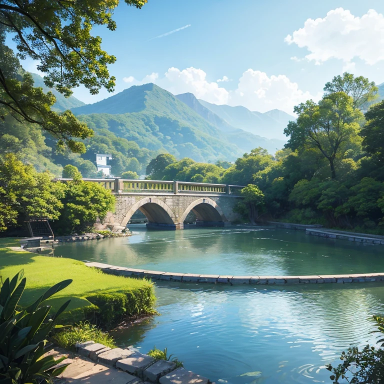 water、Yulypad、魚のwater泳、A landscape with a view of the bridge can be seen in the distance