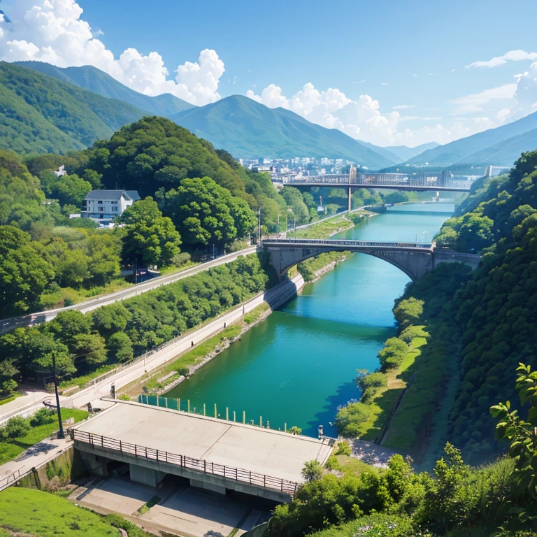 water、Yulypad、魚のwater泳、A landscape with a view of the bridge can be seen in the distance