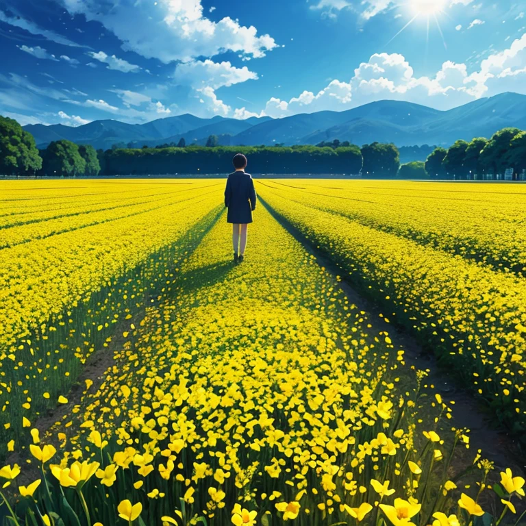 Rape flower field、One Yellow Wave、Fantastic flower garden、Lighted petals、Contrast between the sky and the flower field、Romantic、The emphasis is on individuality and uniqueness。 There is no one