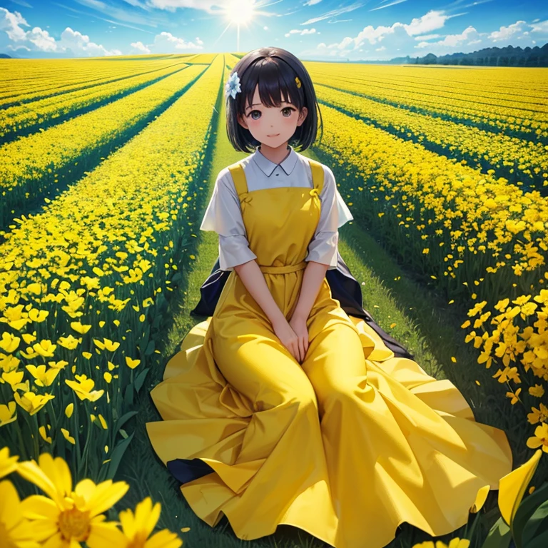 Rape flower field、One Yellow Wave、Fantastic flower garden、Lighted petals、Contrast between the sky and the flower field、Romantic、The emphasis is on individuality and uniqueness。 There is no one