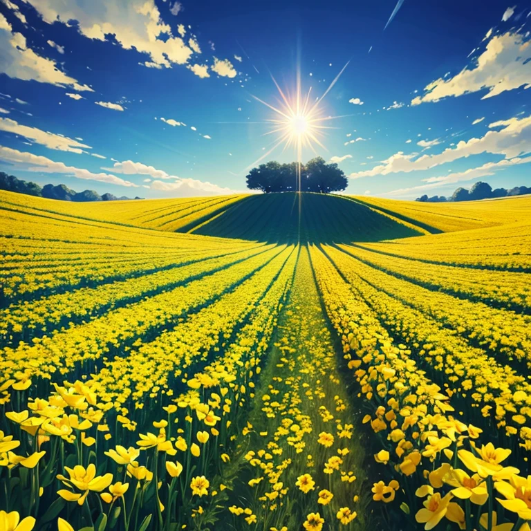 Rape flower field、One Yellow Wave、Fantastic flower garden、Lighted petals、Contrast between the sky and the flower field、Romantic、The emphasis is on individuality and uniqueness。 There is no one