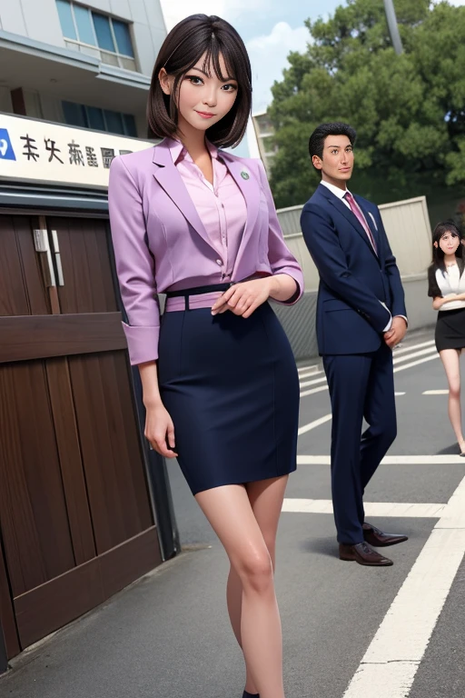 woman、Japanese、35歳のwoman教師、Cowboy Shot、slim、Beauty、Well-groomed face、Business suit with knee-length pencil skirt、Walk towards the viewer、Watching the audience。In the background is the school gate.、smile、Anatomically correct body