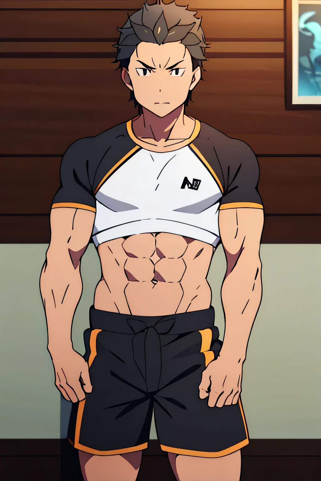 Subaru is flexing his biceps. He wears black shorts. You can see his thighs. He looks stoic and serious. He has bulging veins on his arms. He wears a black tshirt with short sleeves. His sleeve is completely rolled up so you can see his entire arm and shoulder. He is showing his abs too.