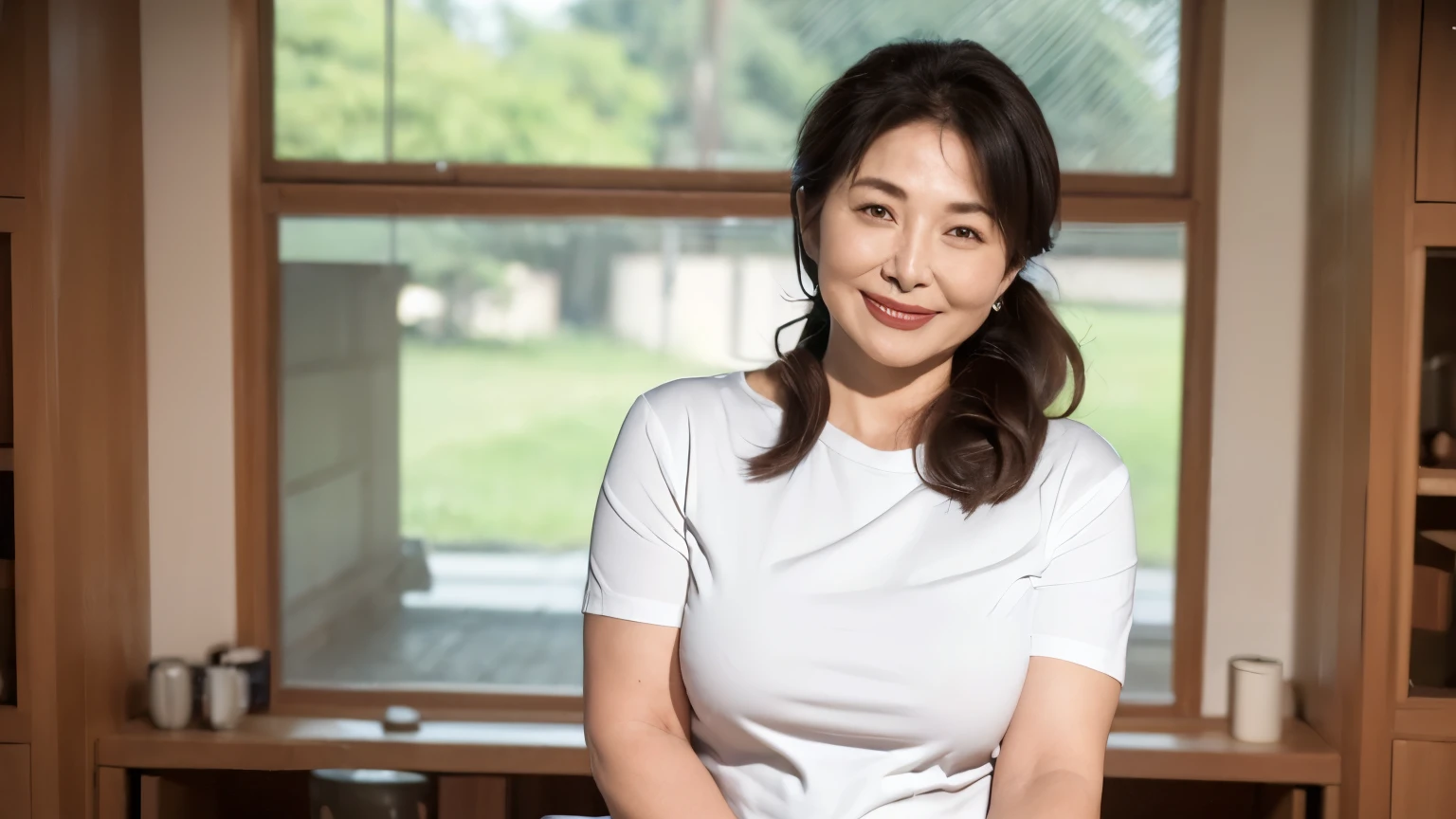 ((highest quality、8k、masterpiece:1.3))、Sharp focus, high resolution, High resolution,,Frock shirt,Short sleeve,jeans,Hair tied up,Indoor Background,Female, 57 years old,mature,Cute Smile,Draw lips correctly, Red lipstick,stand,Slightly thicker,Big Breasts,Full Body Shot