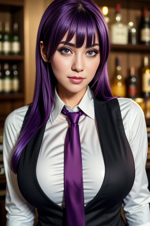 1girl, solo, bangs, blush, hand on own chest, jill stingray, long sleeves, looking at viewer, purple hair, large breasts, necktie, shirt, solo, upper body, vest, bartender, vest, white shirt,