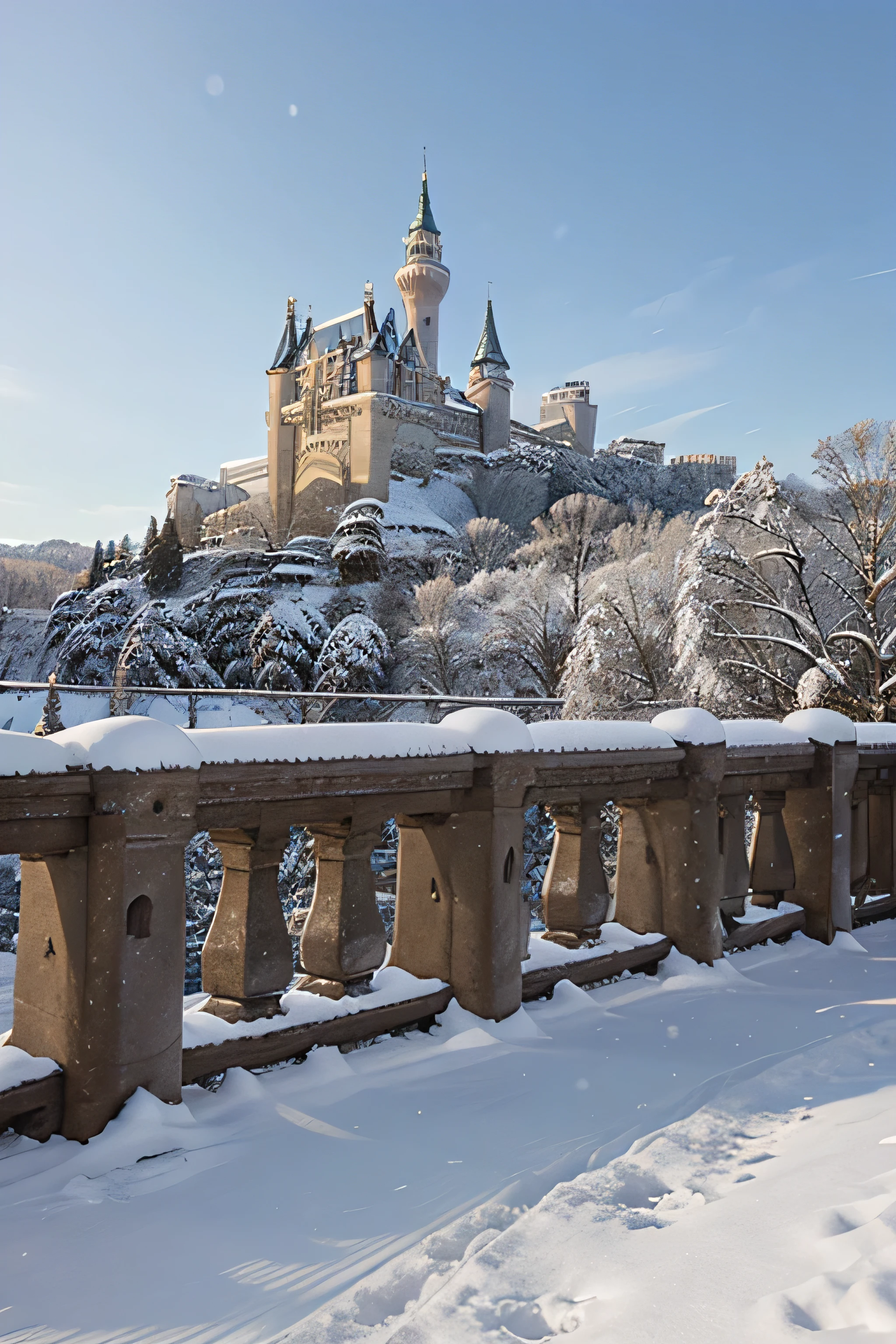 Winter snowy castle balcony with beautiful castle in the background