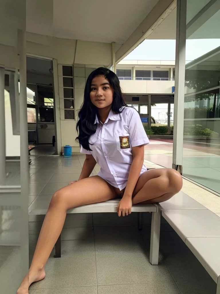 realistic, extremely detailed, 8k, trending on ArtStation, Intricate, High Detail, Sharp focus, cute high school girl, beautiful, sit on the bench, indohighschool uniform, black wavy hair, school hallway, cute, photorealistic, full body, detailed, high quality, wearing flower panty, bottomless, visible panty, open legs