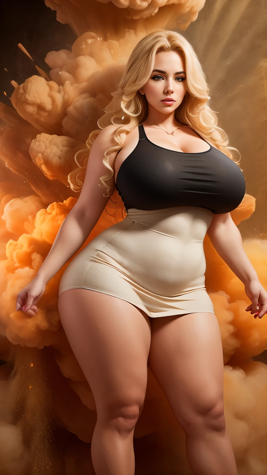 a sexy curvy woman with large breasts, long blonde curly hair, wearing a short tight dress, nike sneakers, surrounded by an explosive dust cloud, high quality, detailed, photorealistic, 8k