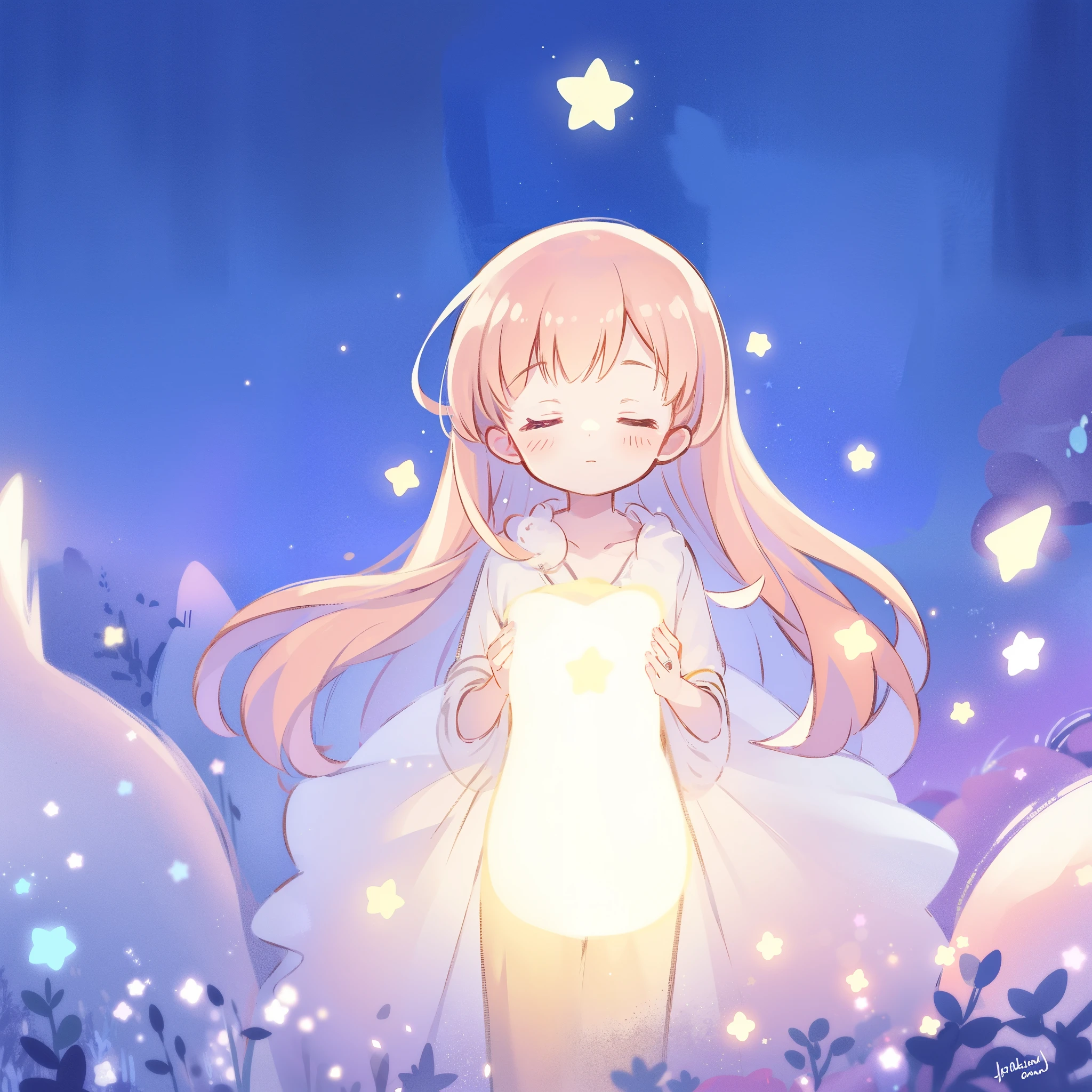 complex background, wishing star background, a beautiful girl surrounded by stars, dreamy magical garden, peaceful, serene composition, glowing stars, glowing, complex drawing, highly detailed, ethereal, starry night, midjourney style