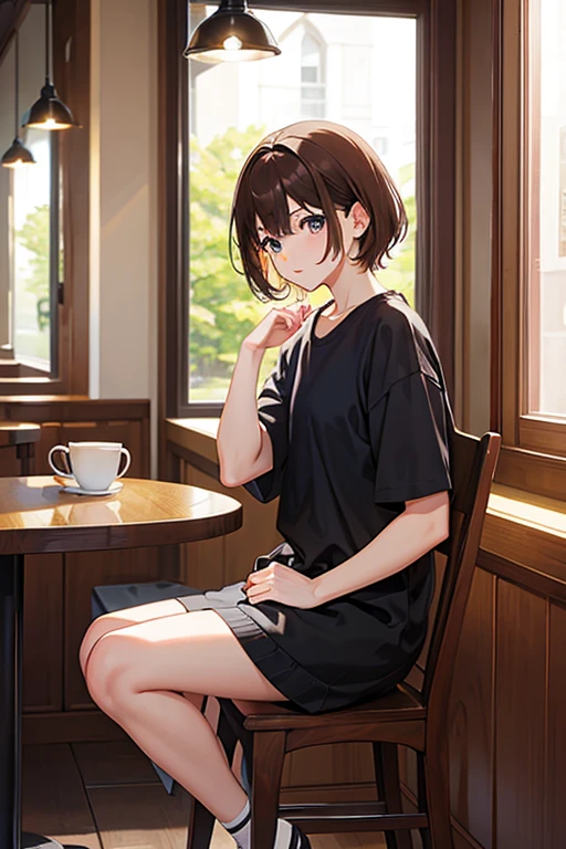 masterpiece, highest quality, High resolution，Anime Style、Brown Hair、Short Hair、Cafe