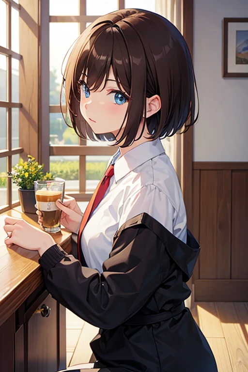 masterpiece, highest quality, High resolution,Anime Style、Brown Hair、Short Hair、Cafe