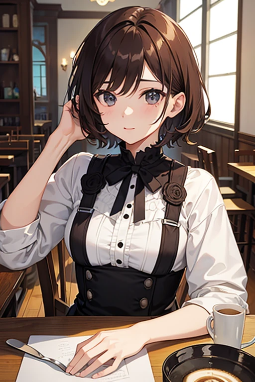 masterpiece, highest quality, High resolution，Anime Style、Brown Hair、Short Hair、Cafe