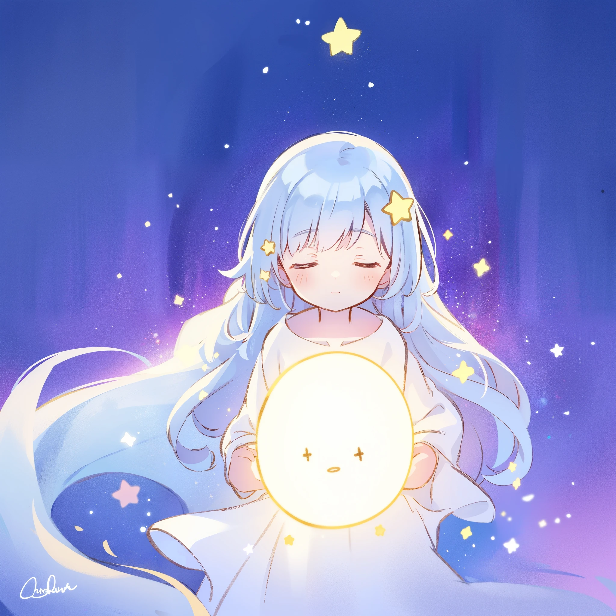 complex background, wishing star background, a woman wearing a flowing white dress, long pale purple blue hair, dreamy, peaceful, serene composition, glowing stars, glowing, complex drawing, highly detailed, ethereal, starry night, midjourney style