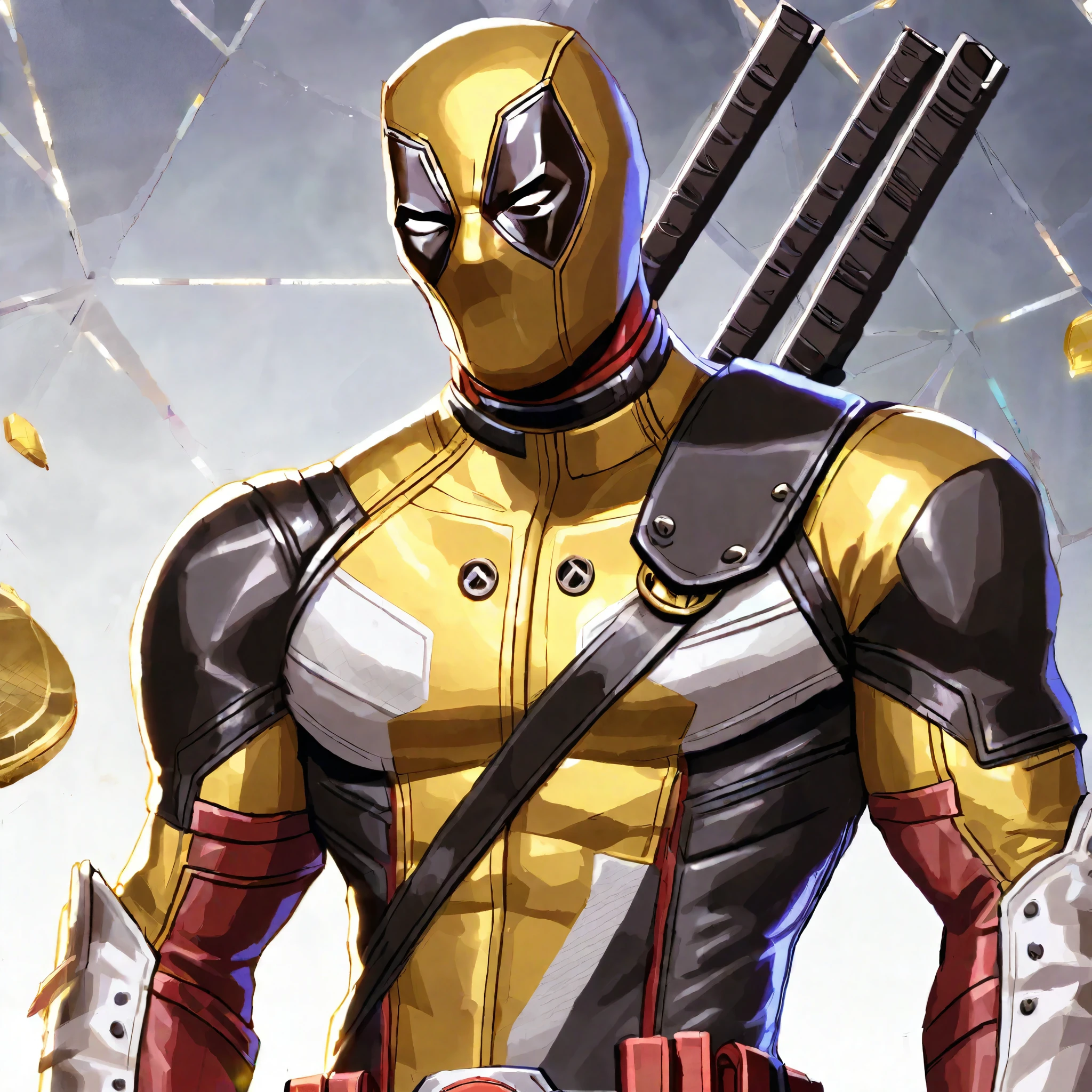 Deadpool with a Gold and white costume suit, Game Artwork style, highly detailed, perfectly human anatomy