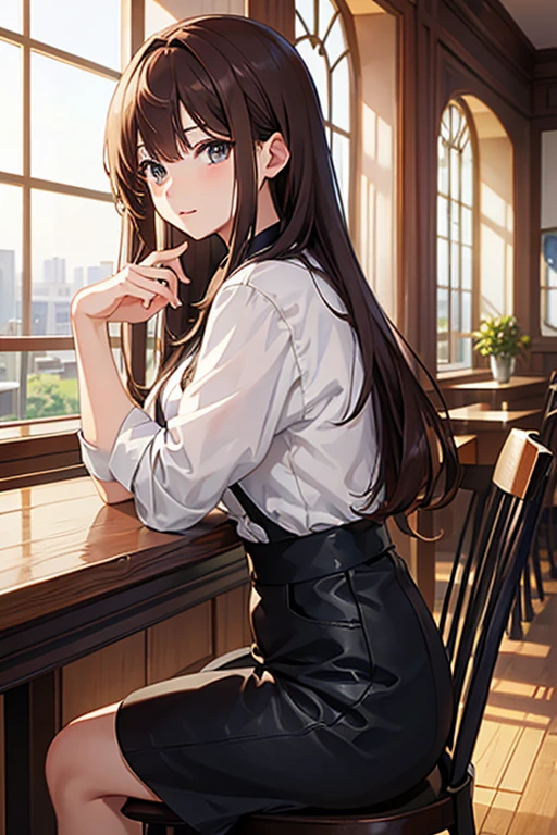 masterpiece, highest quality, High resolution，Anime Style、Brown Hair、long、Cafe