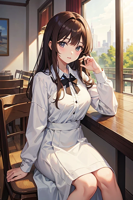 masterpiece, highest quality, High resolution,Anime Style、Brown Hair、long、Cafe