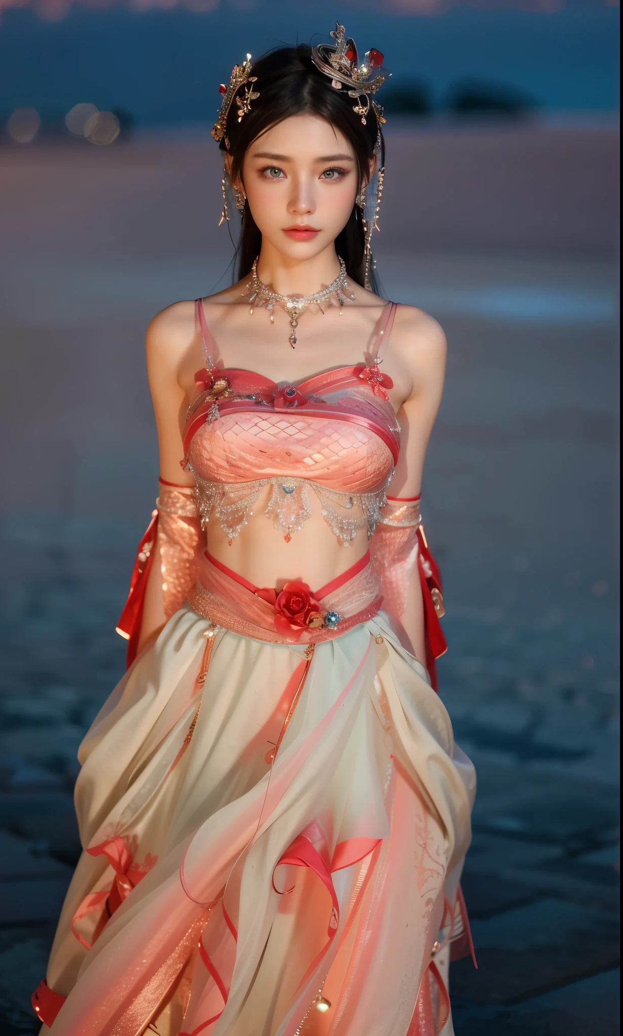 Game Art，Best image quality，Maximum resolution，8k，(A half-length photo)，(portrait)，(Head close-up)，(Rule of Thirds)，Unreal Engine 5 rendering works，20 year old girl，((Queen))，The eyes are very detailed，(Large Breasts)，Elegant and noble，Light，Light线追踪，Game CG，((3D Unreal Engine))，OC rendering reflection mode，4K，Ultra-clear，Sensual，Translucent lace，Fair and plump figure，Pretty Face，Light泽凝胶涂层，身着华贵礼服的Queen，Crystal Gem Crown，Necklace jewelry，blue eyes，The tattoo is very three-dimensional，Gorgeous and intricate tattoo designs，Ultra-clear portrait，Sexy body，Temple Princess，Sapphire eyes，Gorgeous clothes，Exquisite tattoo designs，Hands behind your back