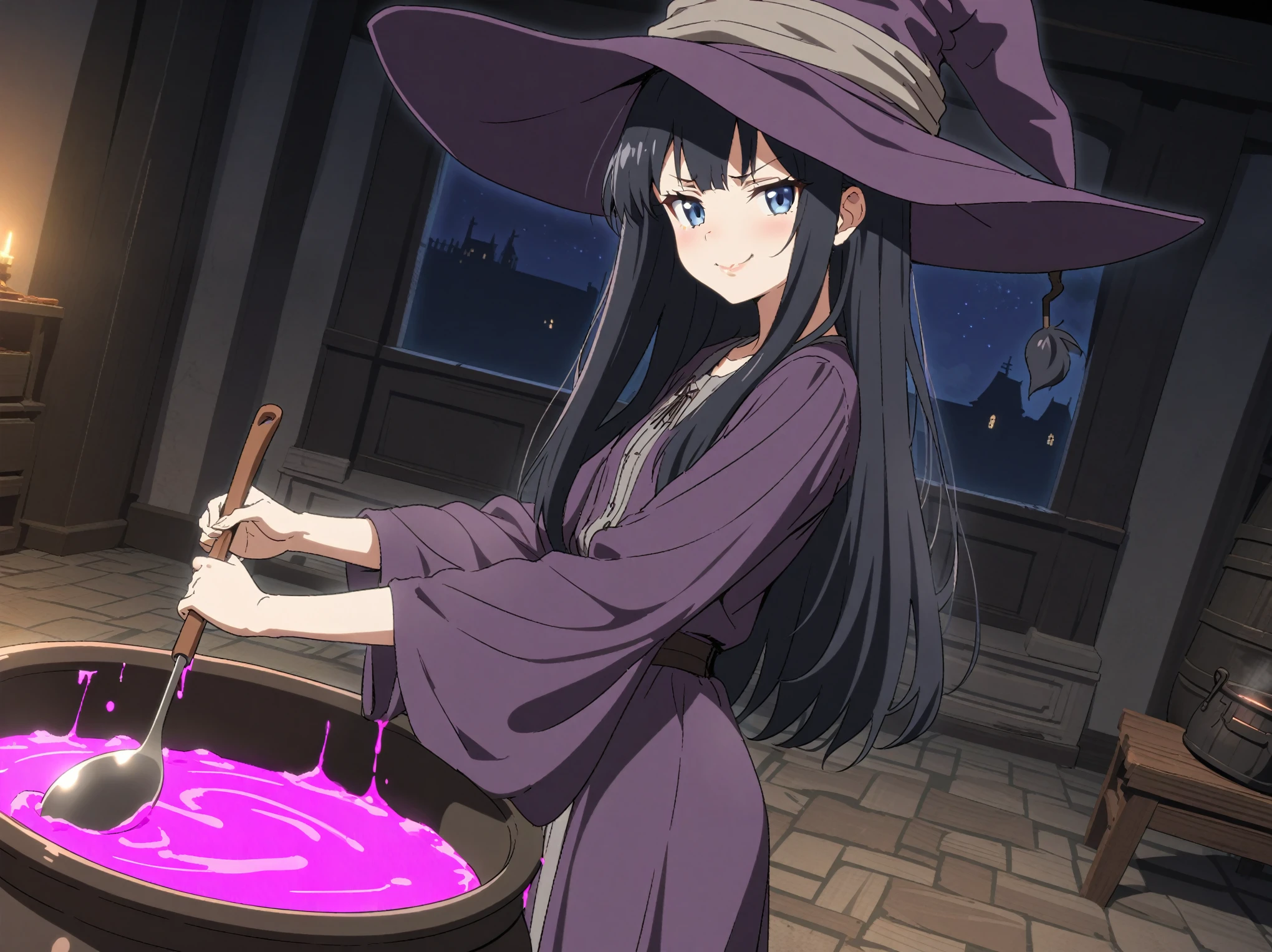 {{cowboy shot, dutch angle}} {{Artist: sincos}} 1girl, solo, black hair, long hair, purple eyes, straight hair, blue eyes, lips, small breasts, holding ladle, purple robe, witch hat, smug, looking at viewer, dark, night, indoors, mansion, cauldron, pink liquid in cauldron, medieval fantasy.