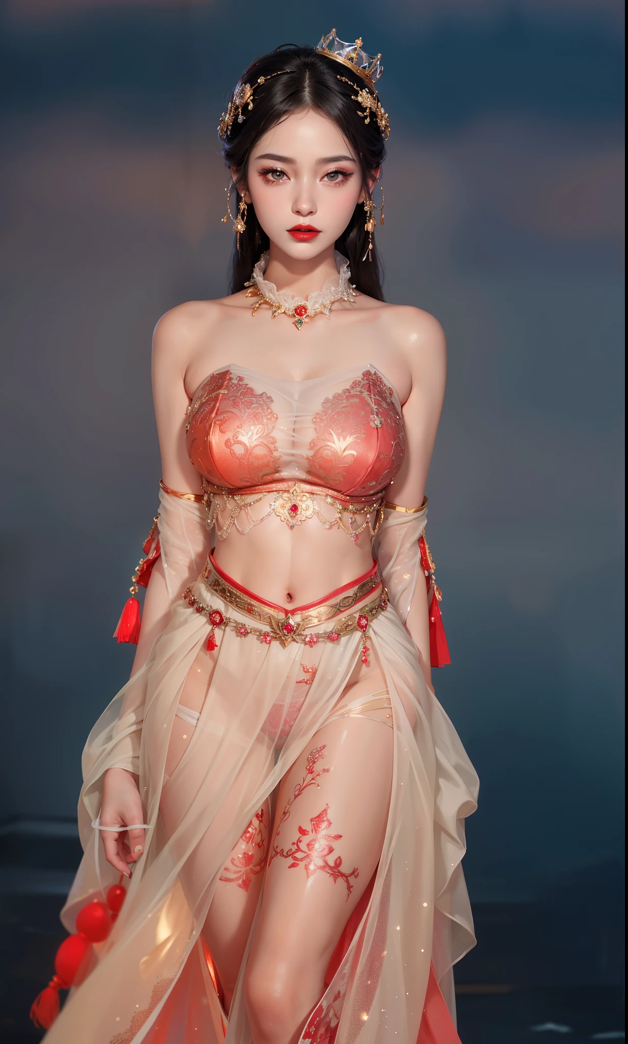 Imperial sister,Exquisite eyes,Snow Queen,Put the crown on your head,Detailed facial expressions body,Tall and big,number,Leg length,4K,White translucent lace,Fair and plump figure,Pretty Face,Little cherry mouth,Beautiful and delicious(3D Royal Sisters),Glossy Gel Coat,Vampire Queen in luxurious robes,Crystal Gem Crown,Ultra-clear portrait photos(8k),Dark eyeshadow,Sexy thick lips(Red lipstick),Very three-dimensional,Gold diamond gemstone decoration,Eyes shining like the starry sky,Chinese Queen,Exquisite tattoo designs,Hands behind your back,Mermaid Princess