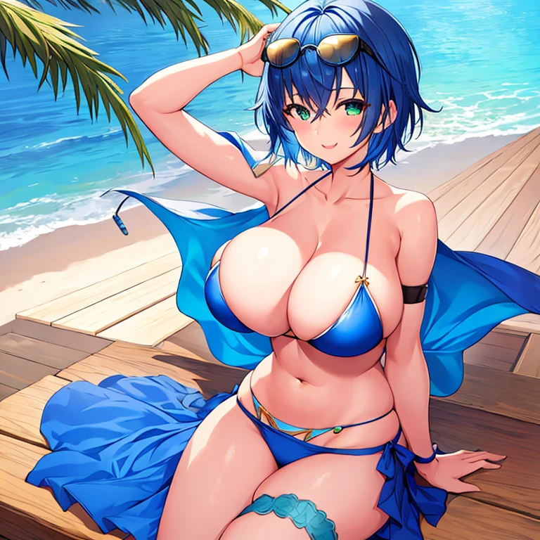 1girl, large breasts, thick thighs, breasts, blue hair, very short hair, pixie cut, eyewear on head, blue bikini, bikini, highleg, smile, green eyes, skirt, thigh strap, beach