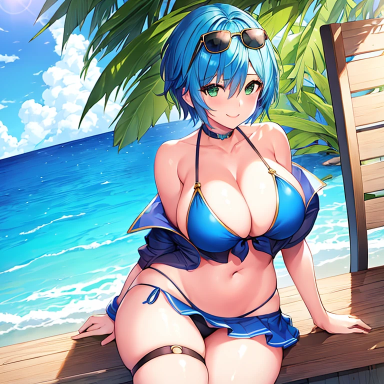 1girl, large , thick thighs, breastshair, very short hair, pixie cut, eyewear on head, blue bikini, bikini, highleg, smile, green eyes, skirt, thigh strap, beach