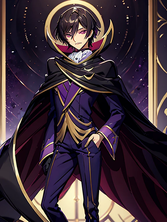 obra maestra, mejor calidad,
Lelouch Lamperouge,
solo, holding mascarilla, mirando al espectador, de pie, 
cabello corto, ojos morados, geass
black capa, black guantes, by the chestnut, capa, formal, guantes, cuello alto, mangas largas, mascarilla, pantalones, calzado morado, purple pantalones, purple traje, traje,
estilo mksks, rayo profesional, destacar, ciudad,