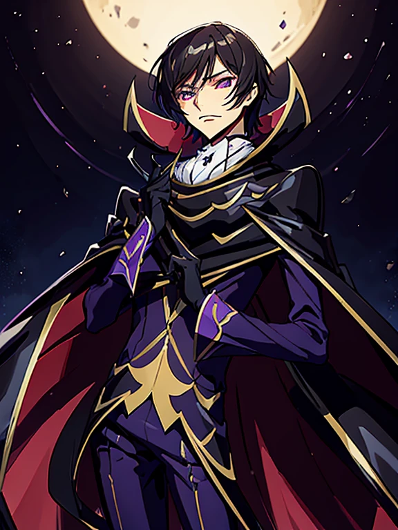 obra maestra, mejor calidad,
Lelouch Lamperouge,
solo, holding mascarilla, mirando al espectador, de pie, 
cabello corto, ojos morados, geass
black capa, black guantes, by the chestnut, capa, formal, guantes, cuello alto, mangas largas, mascarilla, pantalones, calzado morado, purple pantalones, purple traje, traje,
estilo mksks, rayo profesional, destacar, ciudad,