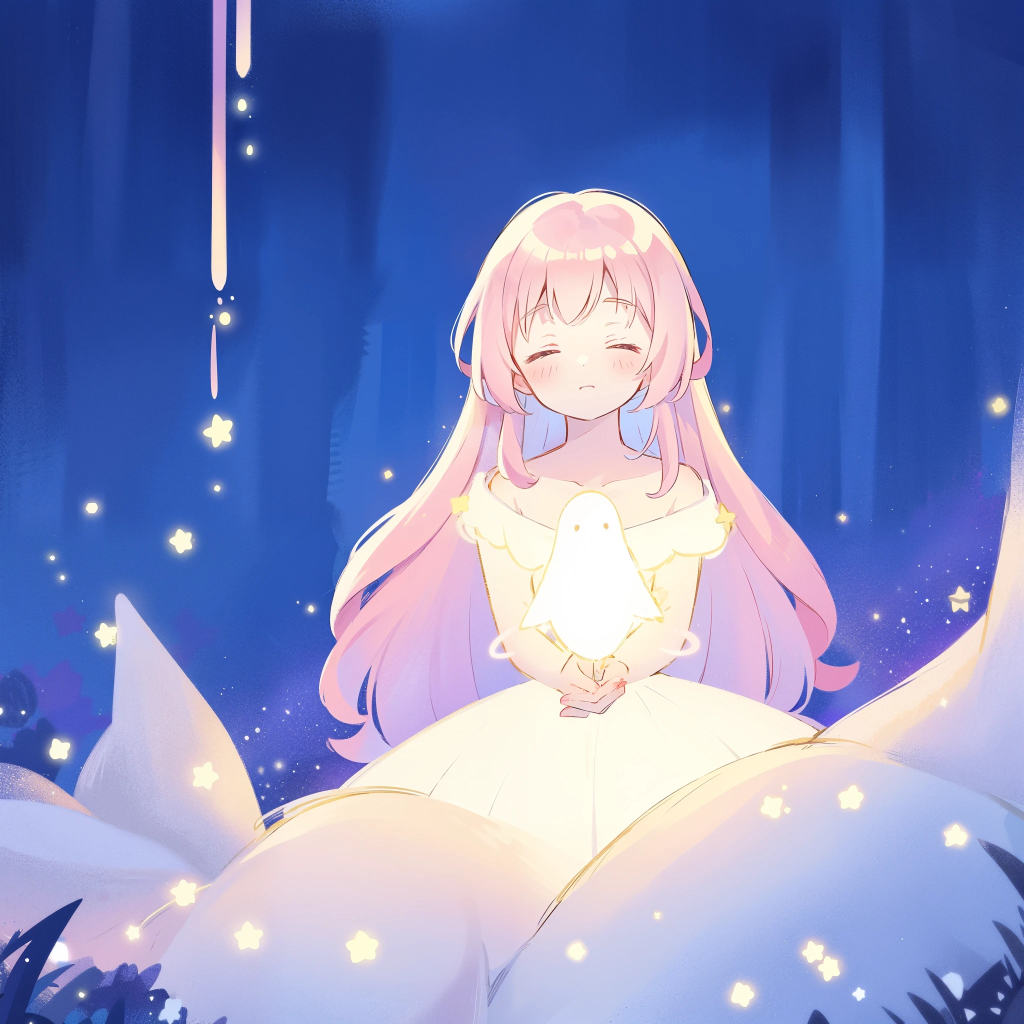 cute style, complex background, wishing star garden, a woman wearing an ethereal mystical pink translucent dress that reflects the stars, dreamy, peaceful, serene composition, glowing stars, glowing, complex drawing, highly detailed, ethereal, starry night, midjourney style