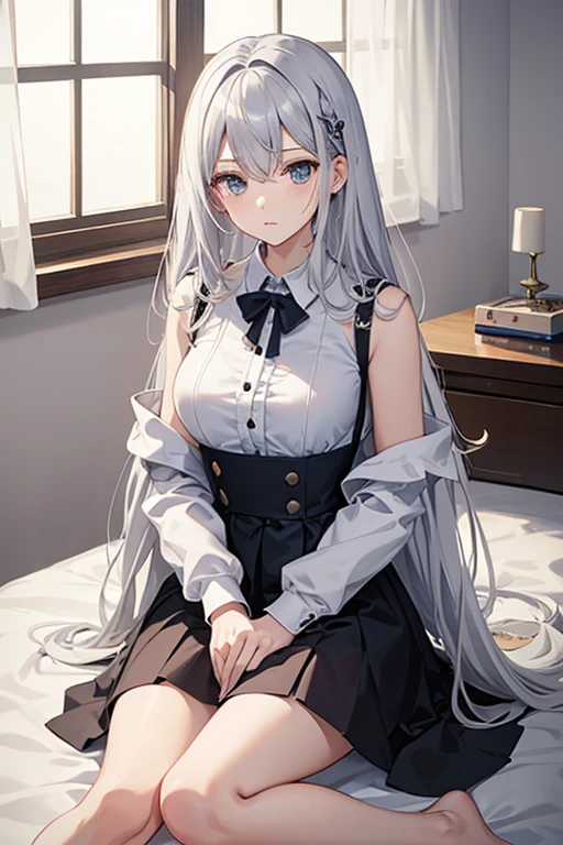 masterpiece, highest quality, High resolution，Anime Style、Silver Hair、long、Sit on the bed、Looks sleepy