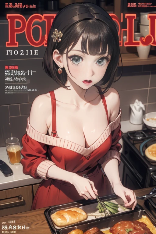 (small breasts:1.2), (perky chest:1.1), (pointed chest:1.0), (cooking magazine cover:1.3)，(from above:1.2),(from side:0.9),masterpiece, 1girl, Amazing Cleavage:1.1, thin waist, big ass, Raised sexy, small breast: 1.2, posed cleavage:1.2、solo, open mouth, have a cute grass of cute beergrass,black hair, dark green eyes, dress, bare shoulders, jewelry, collarbone, sidelocks, hairband, earrings, indoors, off shoulder, sweater, arms behind back, plant, short hair with long locks, gild hairband, sweater dress:1.2, off-shoulder sweater, red sweater, dark gord hair, big side hair, very long side hair,is rendered in (masterpiece: 1.2, best quality), with (ultra high resolution) and an exquisite (depth of field). This masterpiece is not only visually stunning but also tells,A scene of cooking in the kitchen by classroom ,looking at viewer,