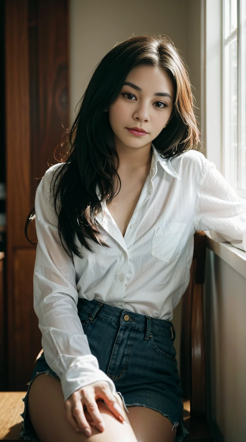 , gorgeous cute Argentinian girl, smirk, freckles, (dark skin:1.4), (medium white long hair:1.4), (Vanessa Hudgens:1.4), there is a woman sitting at a table with a glass of water, still from a music video, janice sung, still from a live action movie, screenshot from a movie, a still of an ethereal, sun yunjoo, still from the film, still from the movie, still from a movie, still frame from a movie, still from l'estate, spring day, sexy look, famous beautiful model, good young girl, (masterpiece:1.0), (best_quality:1.0), ultra high res,4K,ultra-detailed, photography, 8K, HDR, highres, absurdres:1.2, Kodak portra 400, blurry background, bokeh, lens flare, (skin texture:1.2), (vibrant_color:1.2),professional photograph, (beautiful_face:1.5),(narrow_waist). --v 6