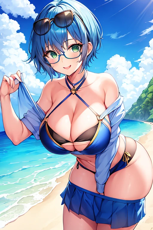 1girl, large breasts, thick thighs, breasts, blue hair, very short hair, pixie cut, eyewear on head, blue bikini, bikini, highleg, smile, green eyes, skirt, thigh strap, beach
