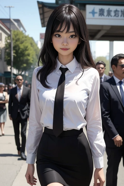 woman、１people、(黒people熟女:1.4)、45歳のwoman教師、Cowboy Shot、slim、美people、Well-groomed face、Business suit with knee-length pencil skirt、Walk towards the viewer、Watching the audience。In the background is the school gate.、smile、Anatomically correct body