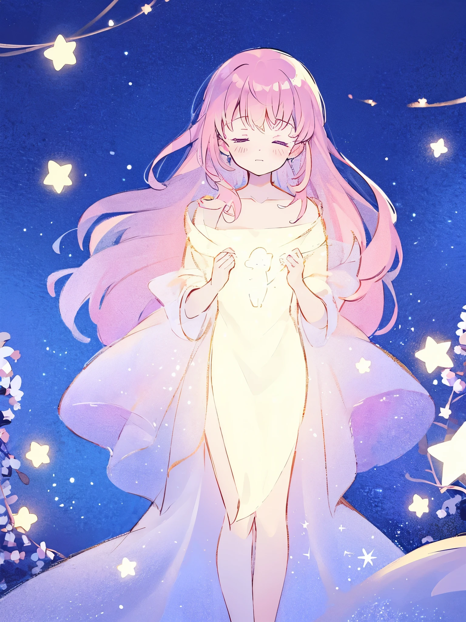complex background, wishing star background, a woman wearing an ethereal mystical pink translucent dress that reflects the stars, mystic, complex drawing, highly detailed, ethereal, starry night, midjourney style