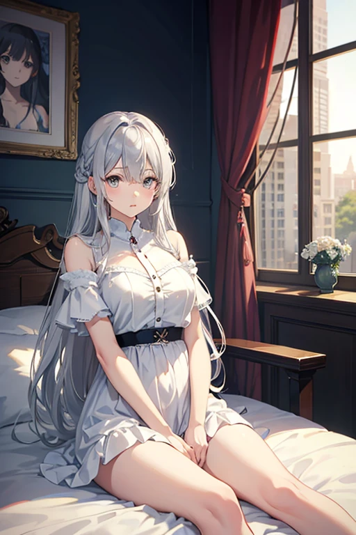 masterpiece, highest quality, High resolution,Anime Style、Silver Hair、long、Sit on the bed、Looks sleepy、Droopy eyes