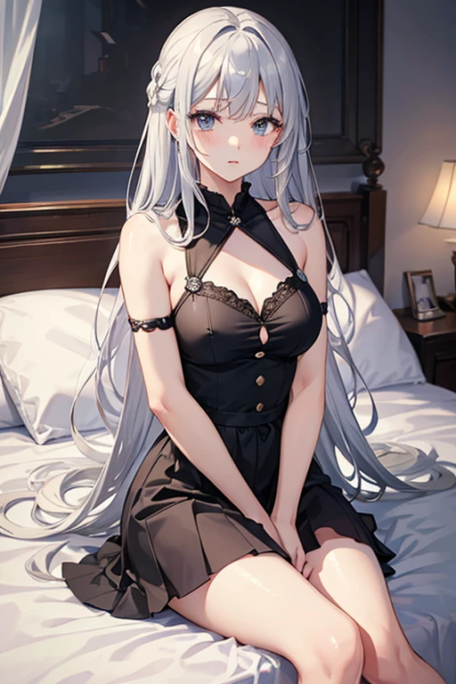 masterpiece, highest quality, High resolution,Anime Style、Silver Hair、long、Sit on the bed、Looks sleepy、Droopy eyes