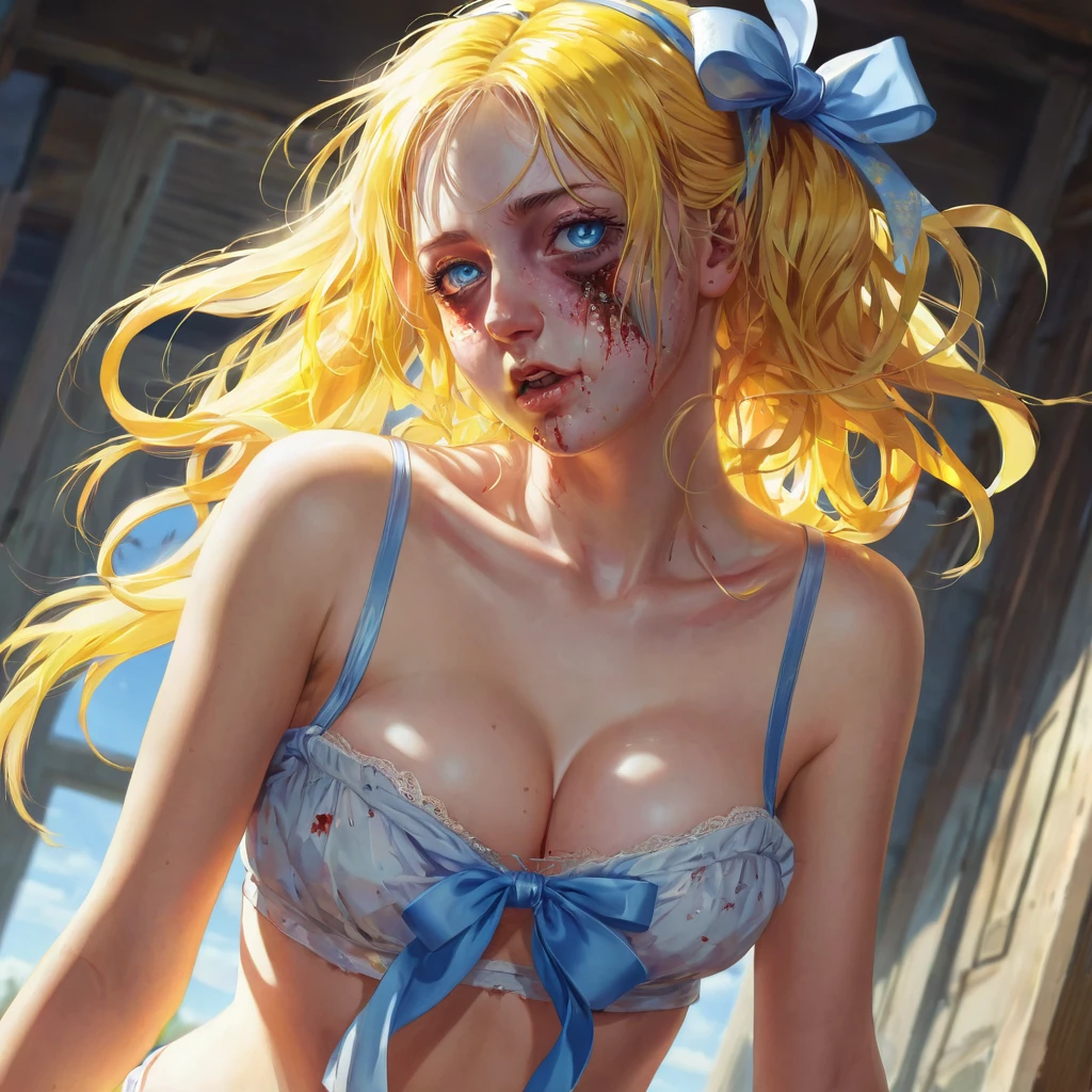 (finely detailed beautiful eyes and detailed zombie face,masterpiece sidelighting,masterpiece,best quality,detailed,high resolution illustration),, (depraved topless girl,whole body,sundress,lustrous skin,looking down,looking at viewer),, (yellow hair,blue eyes,ribbon, sheer clothes), (clothed_underbust:1.2),underboob
