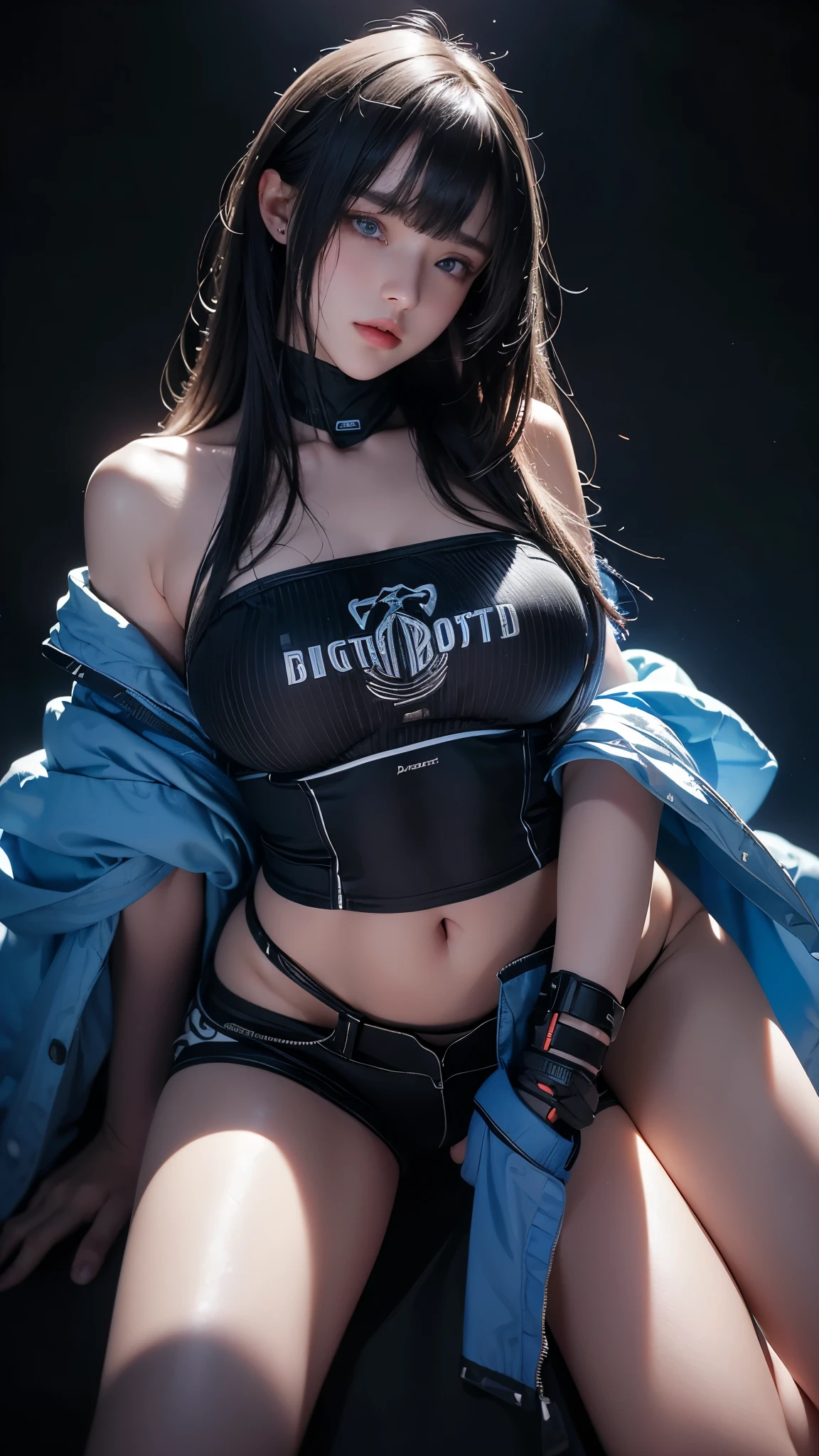 masterpiece, highest quality, Super detailed, Facing the camera, 複雑に詳細なSuper detailed, Realistic, Sharp features, Very detailed, Sharp focus, Perfect Face, Perfect Face, Perfect symmetrical perfect eyes, Perfect Plump Lips, Flexible female form, Cinematic, Film Light, Super detailed, hyper Realistic, masterpiece, Atmospheric, High resolution, Vibrant, Dynamic Studio Lighting, ((Dark Background)), The expression when enduring pleasure, Straight bangs, blue eyes,Sexually aroused expression、Her black thong shorts are visible through the fabric、(((Lean forward with your legs apart))),((Buckshot))