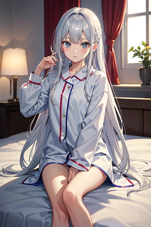 masterpiece, highest quality, High resolution,Anime Style、Silver Hair、long、Sit on the bed、Looks sleepy、pajamas