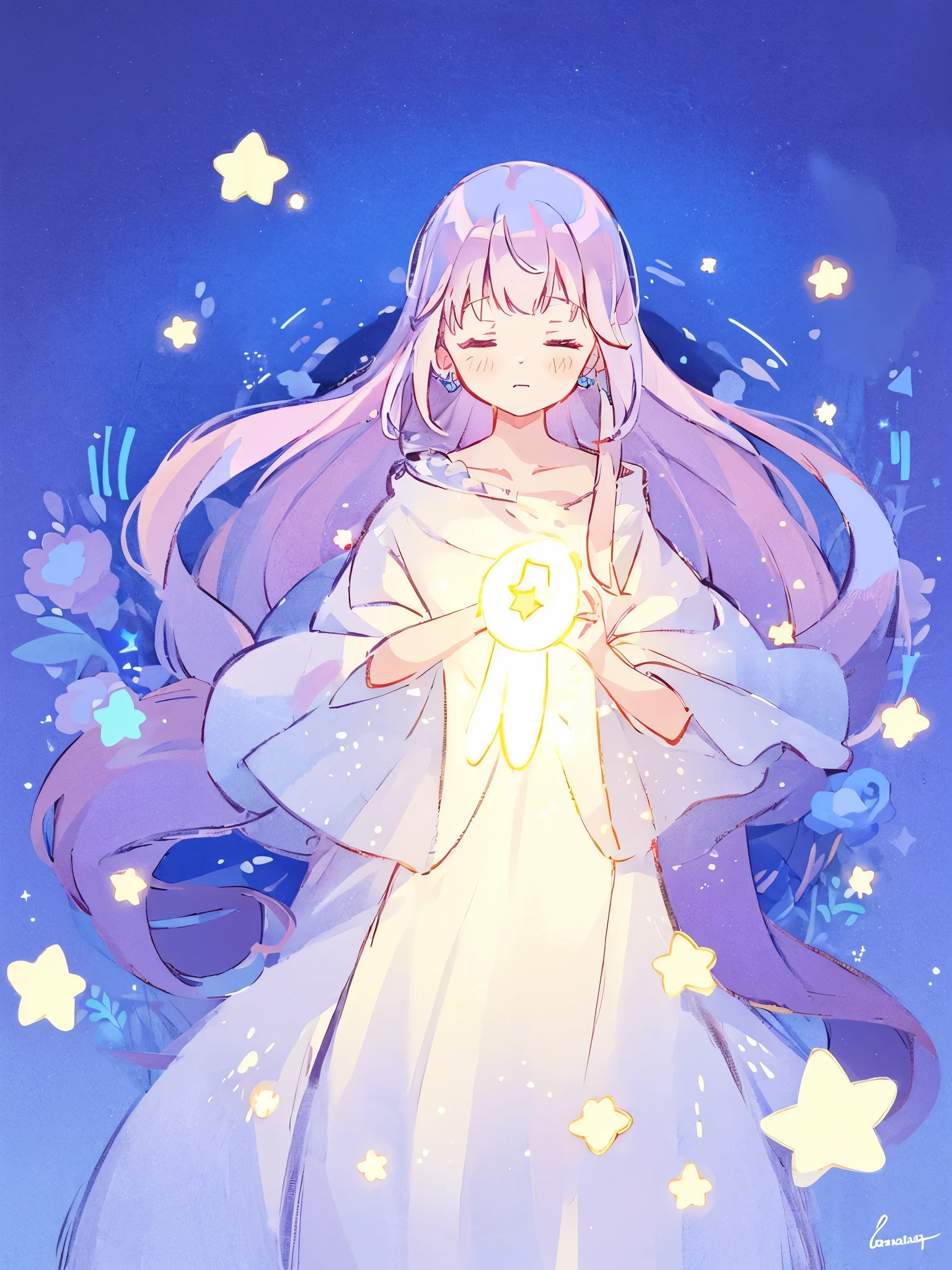 wishing star background, woman surrounded by flowing translucent fabric that reflects the stars, woman holding a glowing star in her hands, magical, complex drawing, highly detailed, ethereal, starry night, midjourney style