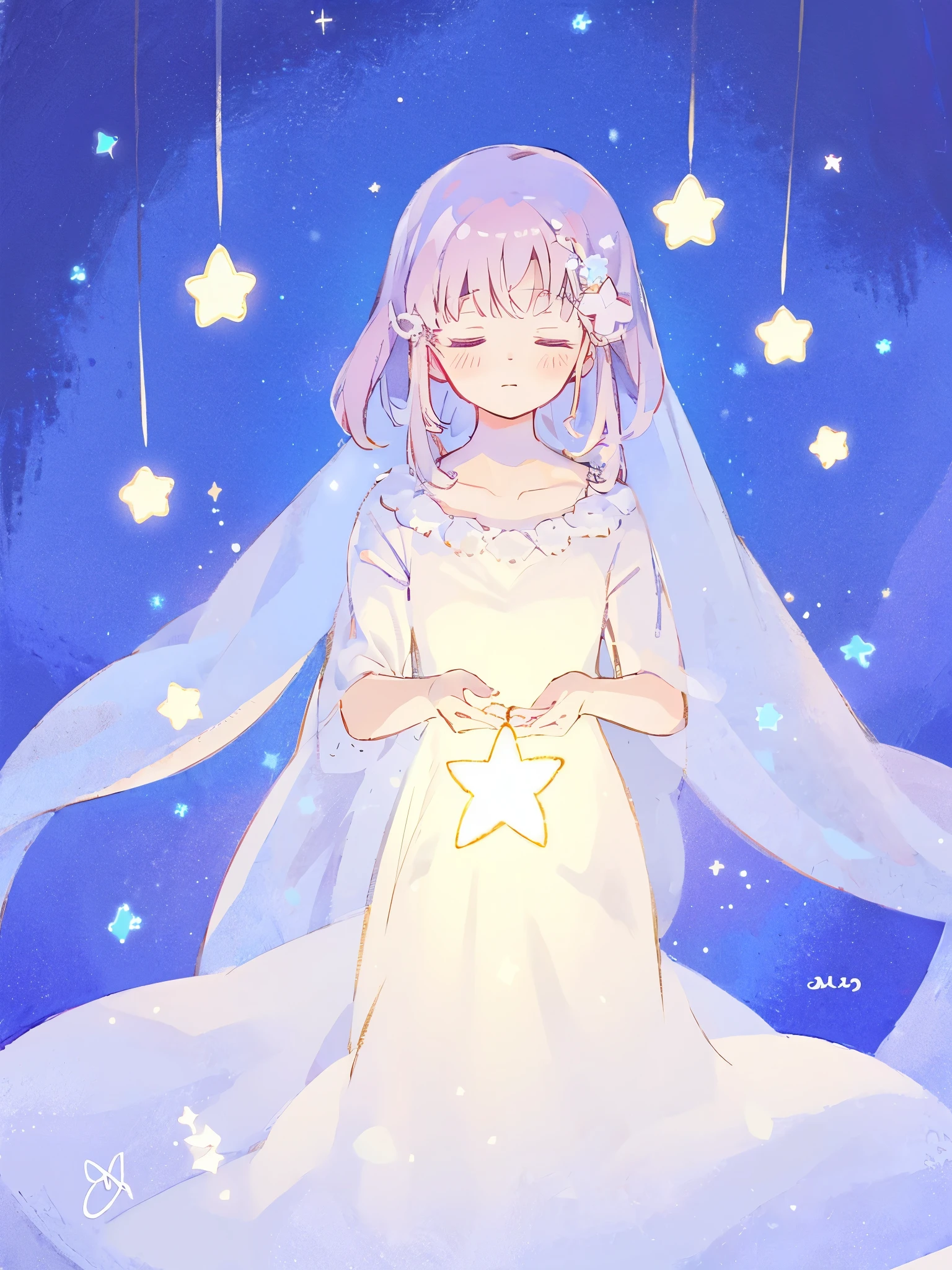 wishing star background, woman surrounded by flowing translucent fabric that reflects the stars, woman holding a glowing star in her hands, magical, complex drawing, highly detailed, ethereal, starry night, midjourney style