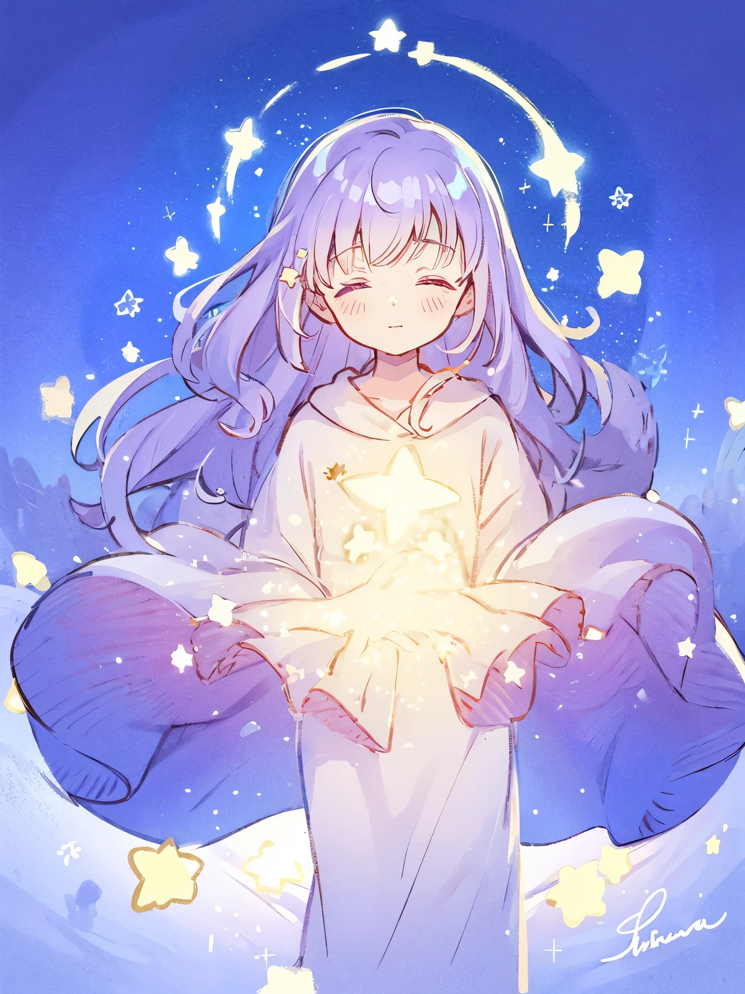 wishing star background, woman surrounded by flowing translucent fabric that reflects the stars, woman holding a glowing star in her hands, magical, complex drawing, highly detailed, ethereal, starry night, midjourney style