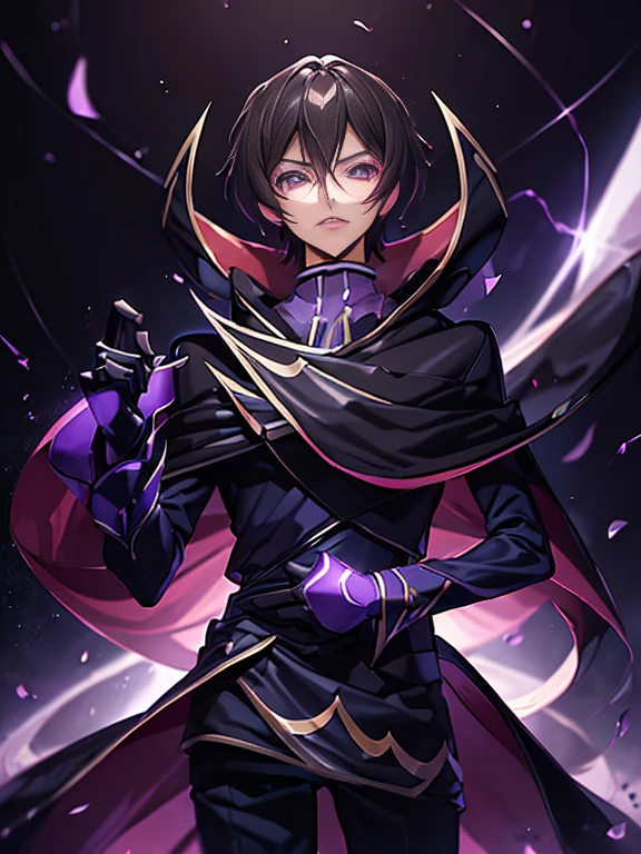 (Lelouch Lamperouge:1), cero (Code Geass), purple galaxy background, purple magic surrounding theme, (realista:1.2), (obra maestra:1.2), (foto de cuerpo completo:1),(tiro de vaquero:1.2), neon lighting, dark romantic lighting, (muy detallado:1.2),(cara detallada:1.2), (gradientes), vistoso, ojos detallados, (natural lighting:1.2), (postura neutral de pie:1.2), (solo, one person, 1 chica:1.5),