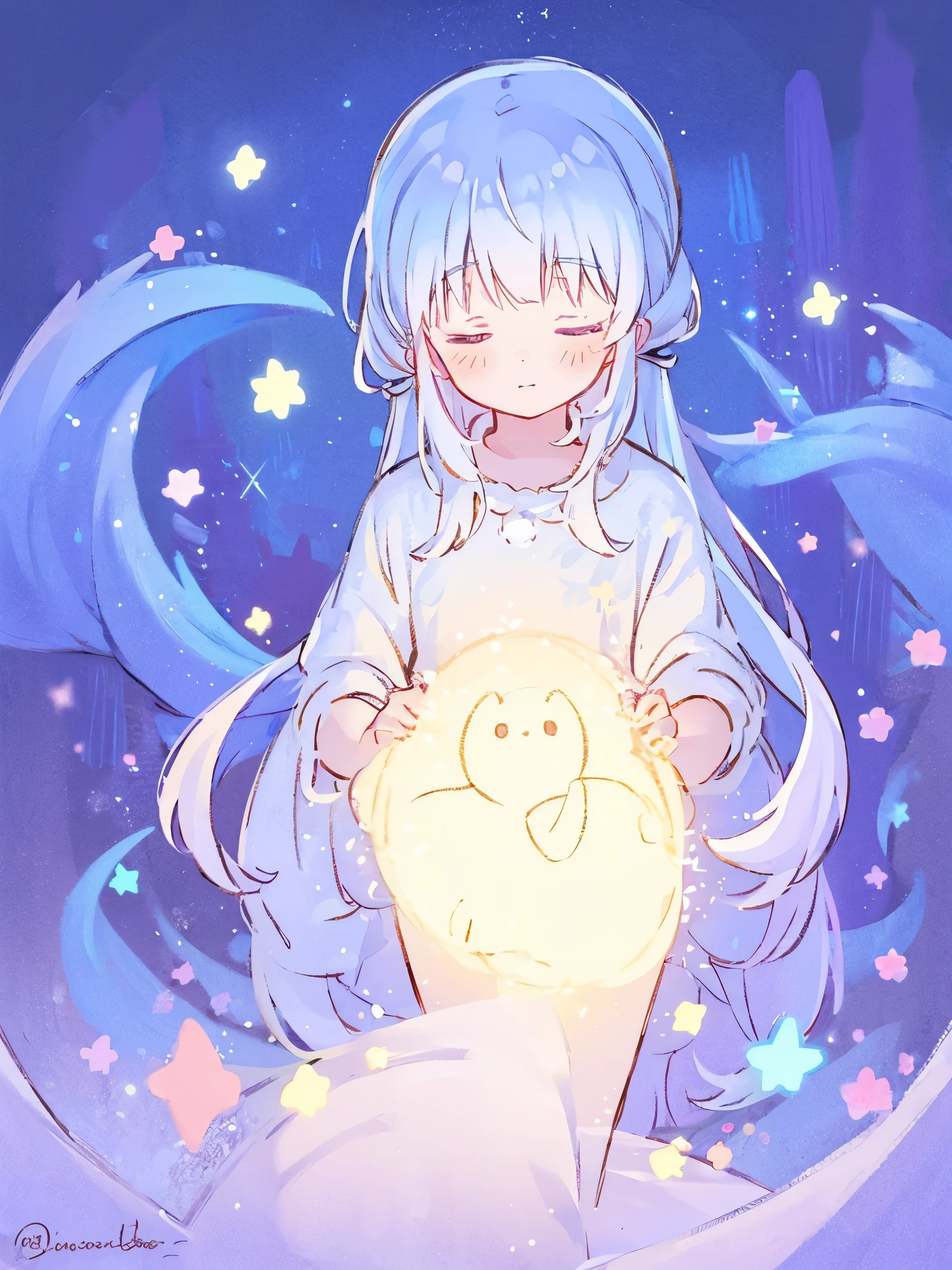 wishing star background, woman surrounded by flowing translucent fabric that reflects the stars, woman holding a glowing star in her hands, magical, complex drawing, highly detailed, ethereal, starry night, midjourney style