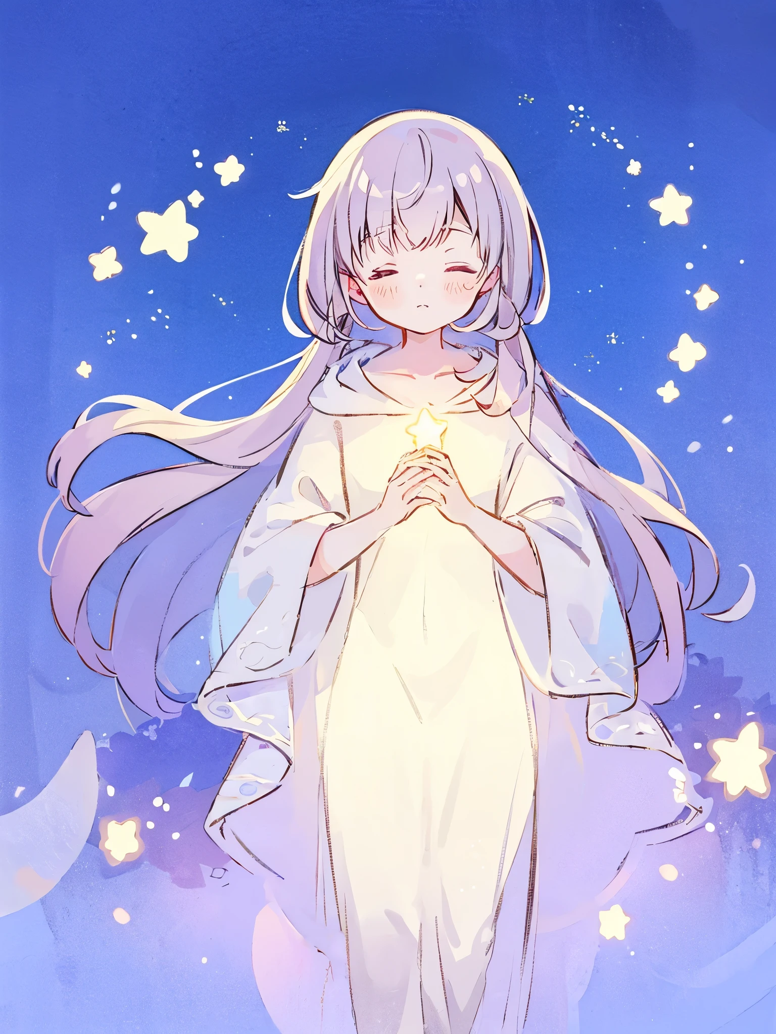 wishing star background, woman surrounded by flowing translucent fabric that reflects the stars, woman holding a glowing star in her hands, magical, complex drawing, highly detailed, ethereal, starry night, midjourney style