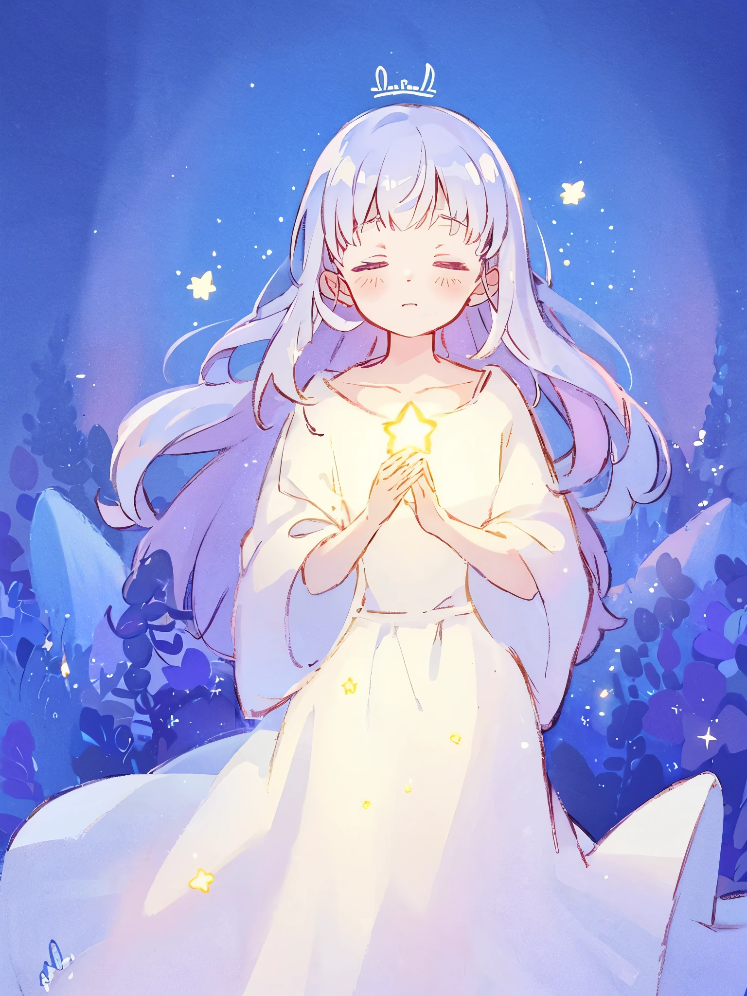 wishing star background, woman surrounded by flowing translucent fabric that reflects the stars, woman holding a glowing star in her hands, magical, complex drawing, highly detailed, ethereal, starry night, midjourney style