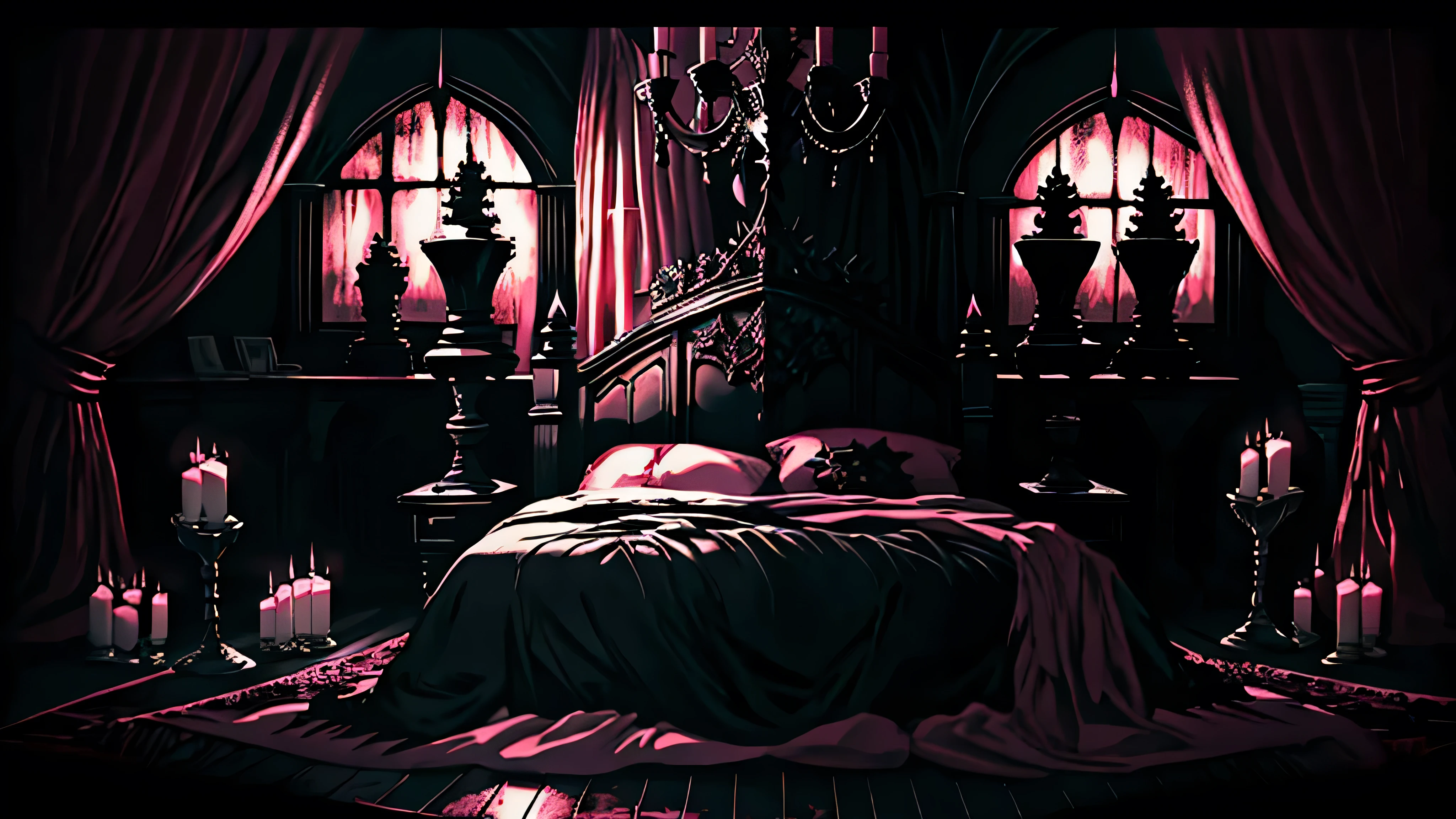 Anime, pinkand black bed, Gothic vtuber bedroom, Gothic, Dim light, Gargoyles, Dark curtains, waxy candles, Satan painting, decorations, wooden floor, dawn, dark night