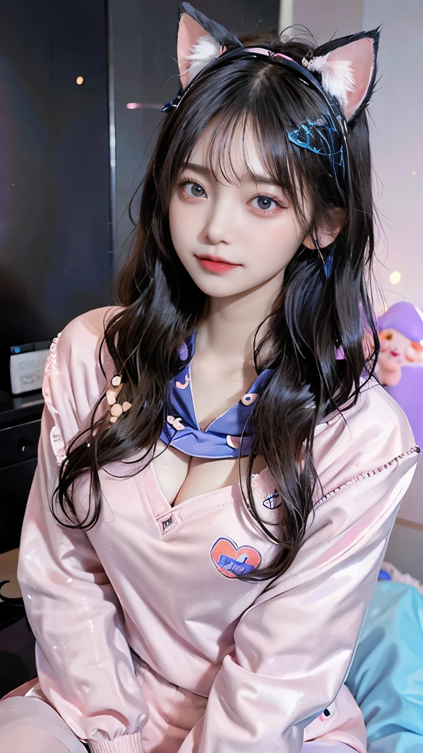 /imagine a beautiful anime girl live streaming from her room, with long black hair, big blue eyes, wearing a pink hoodie and a cute headset with cat ears, sitting in front of a modern computer setup with colorful LED lights, surrounded by plushies and posters on the wall, smiling and engaging with her audience, bright and cheerful atmosphere