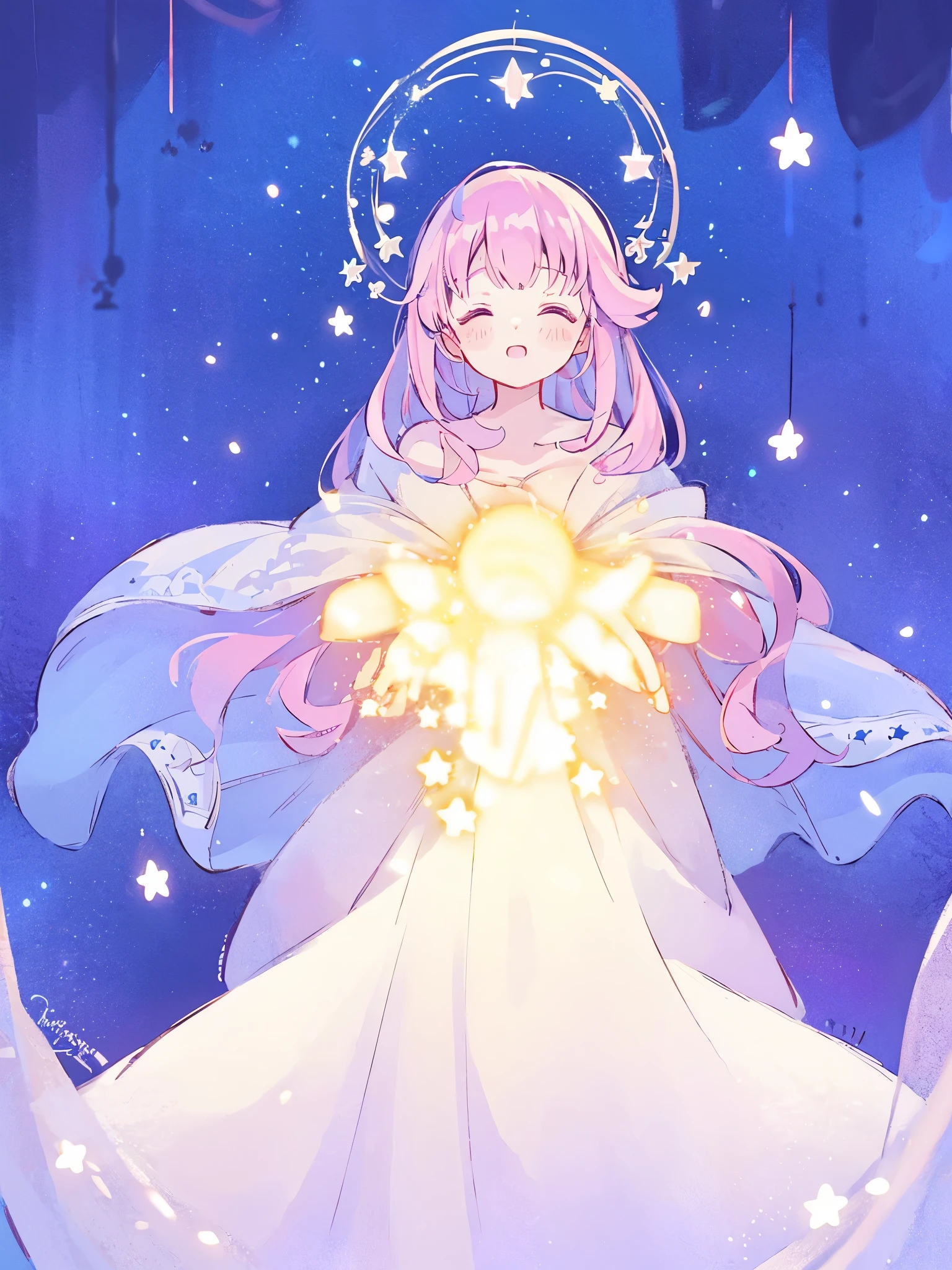 wishing star background, woman surrounded by flowing translucent fabric that reflects the stars, gradient pink purple hair, woman holding a glowing star in her hands, magical, complex drawing, highly detailed, ethereal, starry night, midjourney style