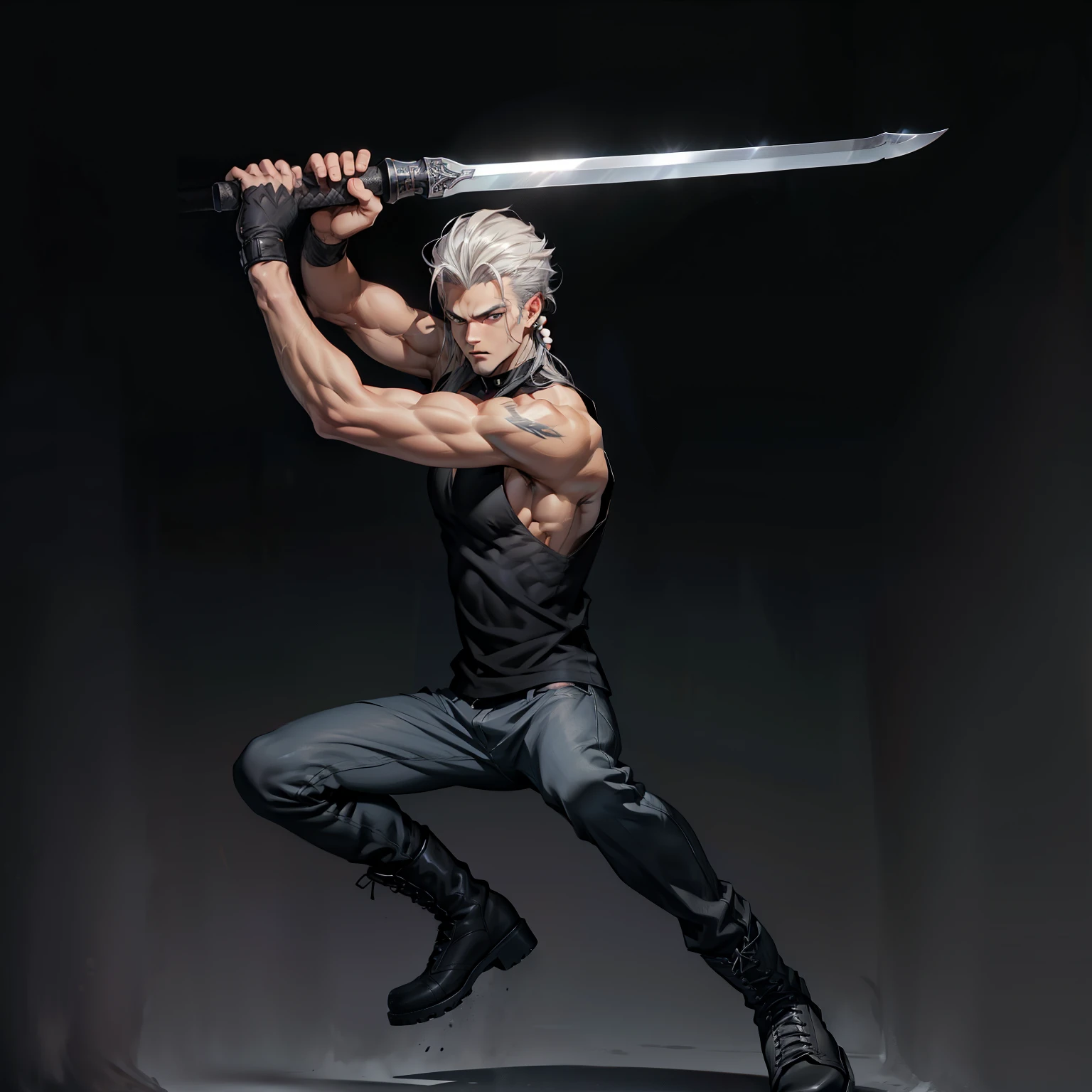 1 boys, 26 Years old, Serious face, Muscular, Slick back long hair, Flowing hair, Black sleeveless shirts, Black bootcut pants, High cut boots, Holding giant silver sword